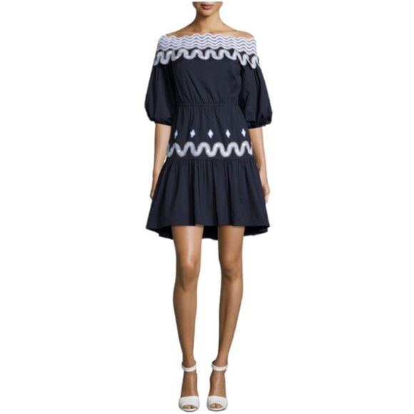 Peter Pilotto Pallas Embroidered Scalloped Off The Shoulder Dress In Navy Size 8 - Picture 1 of 15